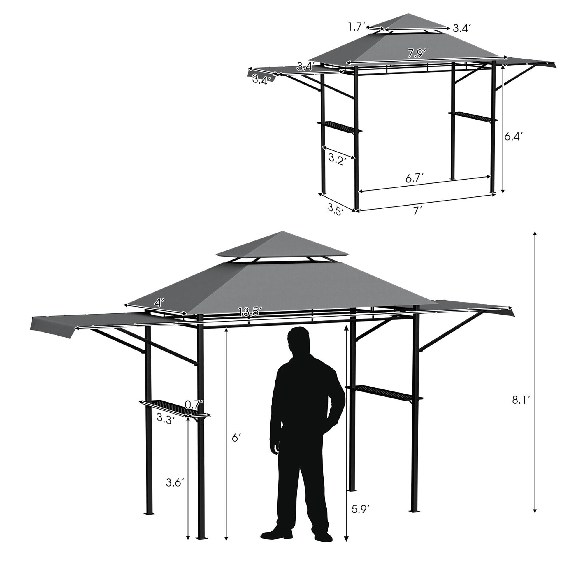 Gymax 13.5' x 4' Patio BBQ Grill Gazebo Side Awnings Shelves 2-Tier Canopy Outdoor