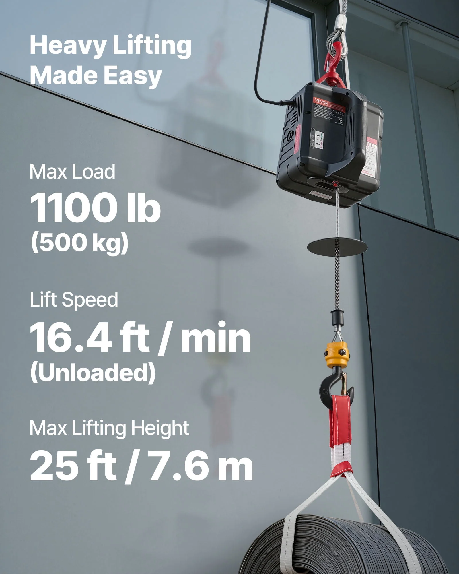 VEVOR 2-in-1 Electric Hoist Winch, 1100 lbs Capacity, 1500W Portable Power Winch Crane, 25 ft Lifting Height, 16.4 ft/min with Manual and Wireless Remote Control