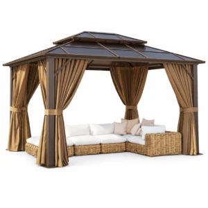 Clouddwell 10'x12' Hardtop Gazebo - Polycarbonate Double Roof with Netting & Curtains for Patio, Garden Sun Protection,Brown