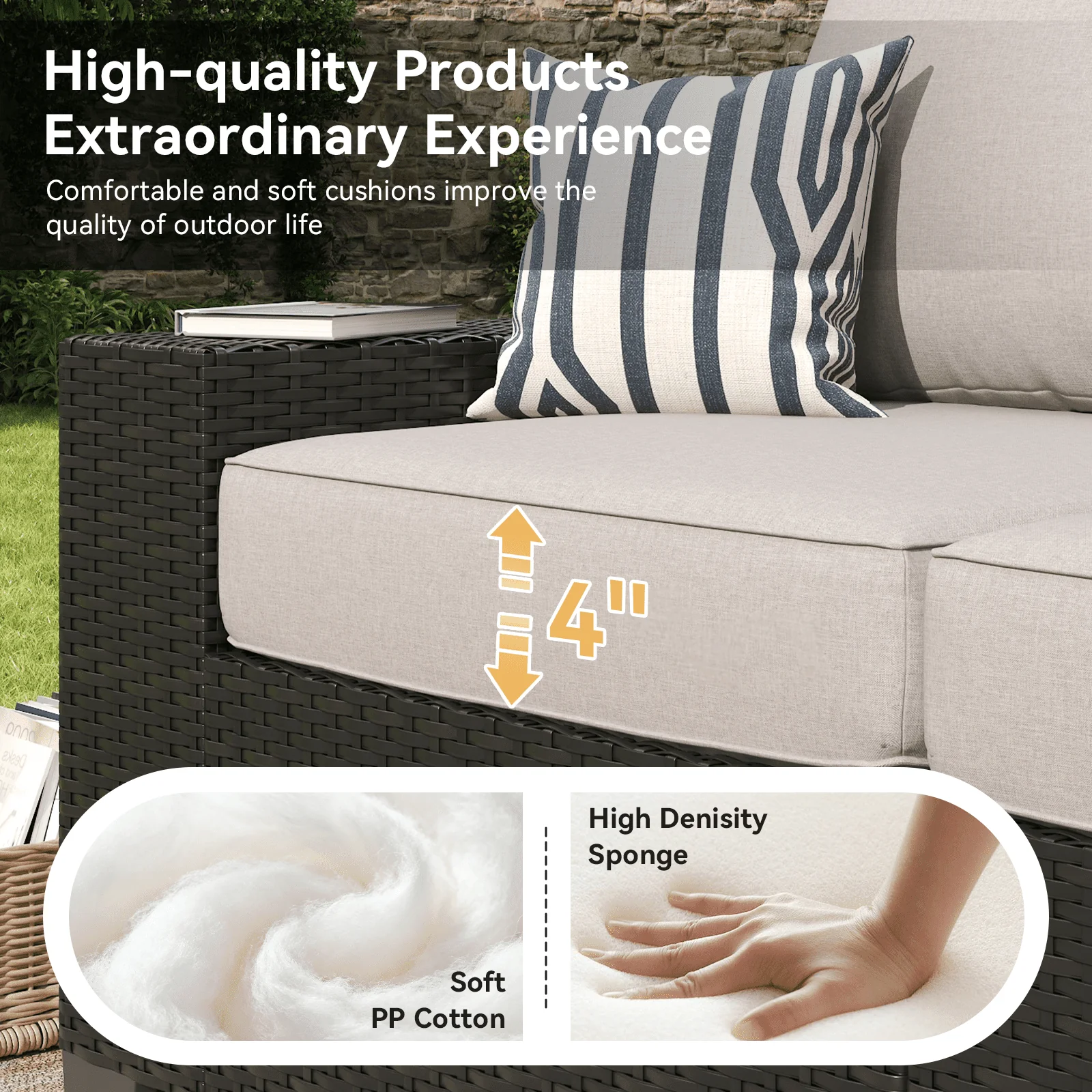 Clouddwell 6-Piece Outdoor Patio Set, 8-Inches Widen Armrest, All-Weather Wicker Sectional with Coffee Table, Grey
