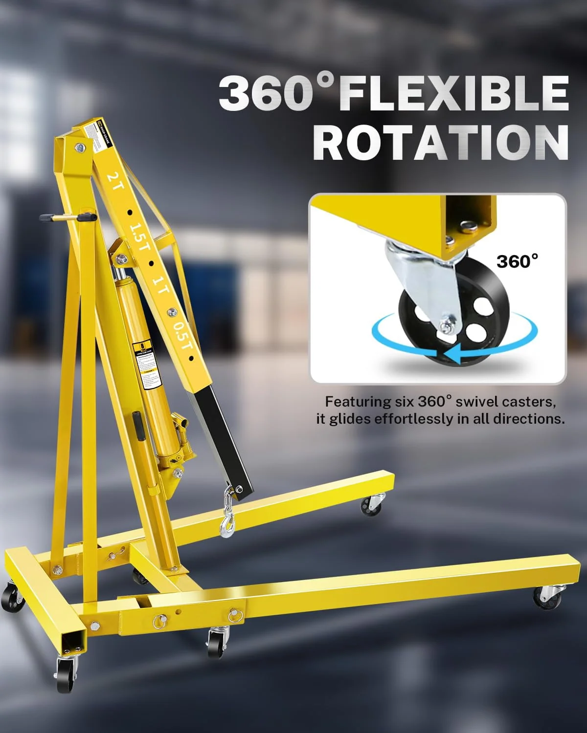 2-Ton Folding Engine Hoist with Lever, Hydraulic Shop Crane with 6 Swivel Wheels & Adjustable Boom (0.5T-2T), Heavy-Duty Cherry Picker for Garage, Workshop, Truck, Farm (Net Wt. 168 lbs)