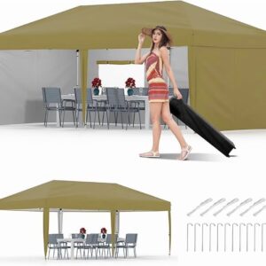 10x20 Pop Up Canopy Tent with 4 Sidewalls, Heavy Duty Outdoor Canopy UPF 50+ All Season Waterproof Commercial Street Vendors Party Tents with Roller Bag, 8 Stakes & 6 Sandbags,Khaki
