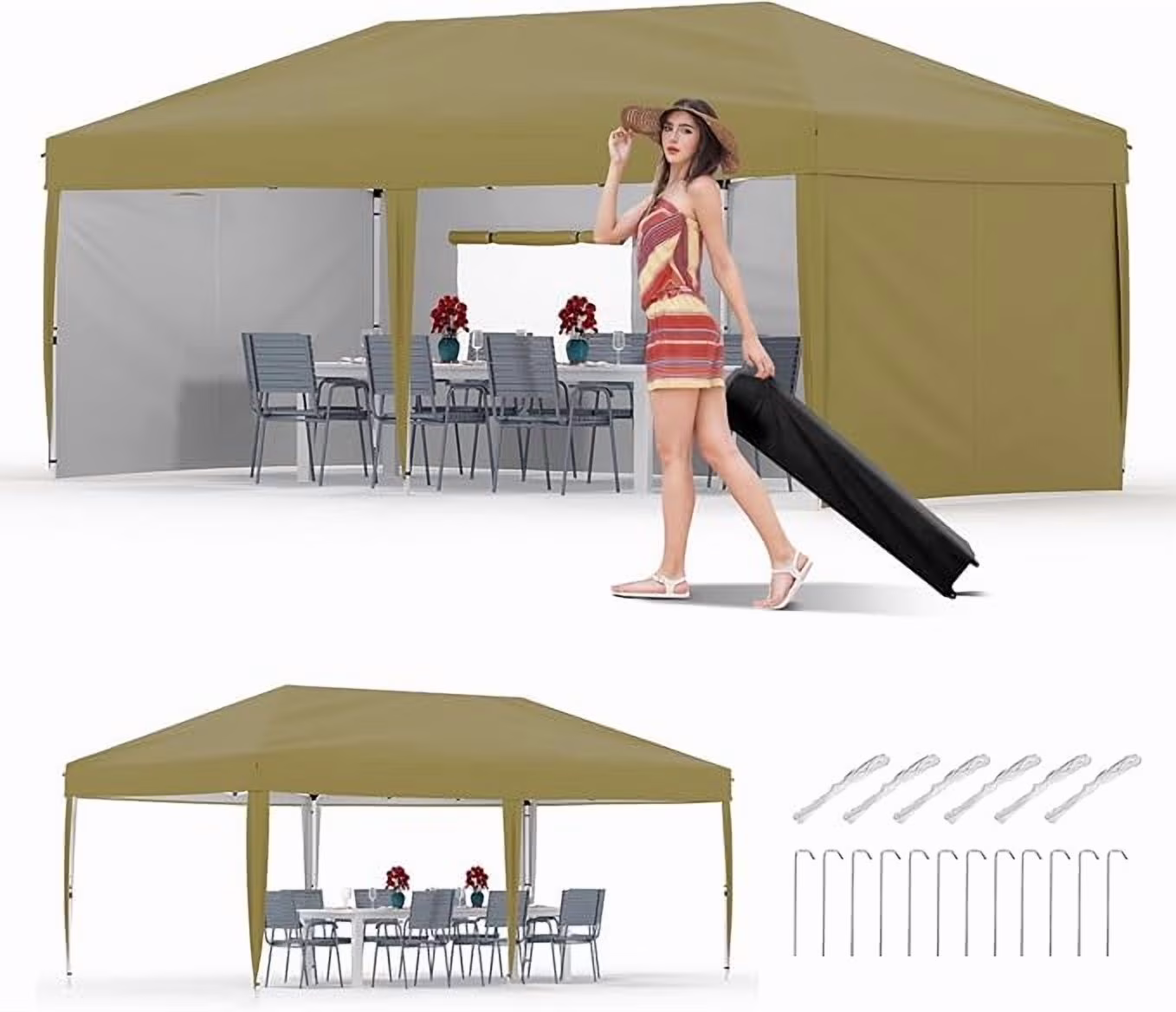 10x20 Pop Up Canopy Tent with 4 Sidewalls, Heavy Duty Outdoor Canopy UPF 50+ All Season Waterproof Commercial Street Vendors Party Tents with Roller Bag, 8 Stakes & 6 Sandbags,Khaki