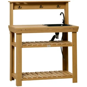 Outsunny Potting Benches for Outside, Solid Wood, Gardening Bench, Removable Sink, Metal Faucet, Ample Storage