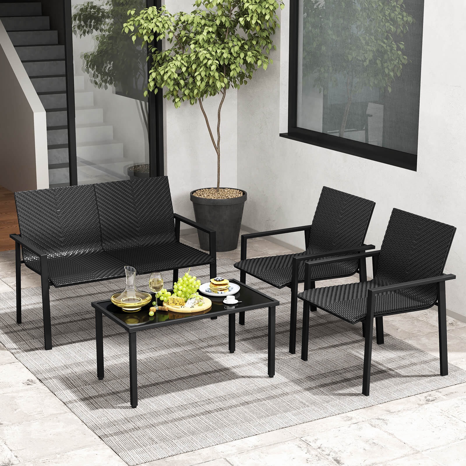 Costway 4 PCS Outdoor Wicker Patio Furniture Set w/ Heavy-Duty Galvanized Metal Frame Black