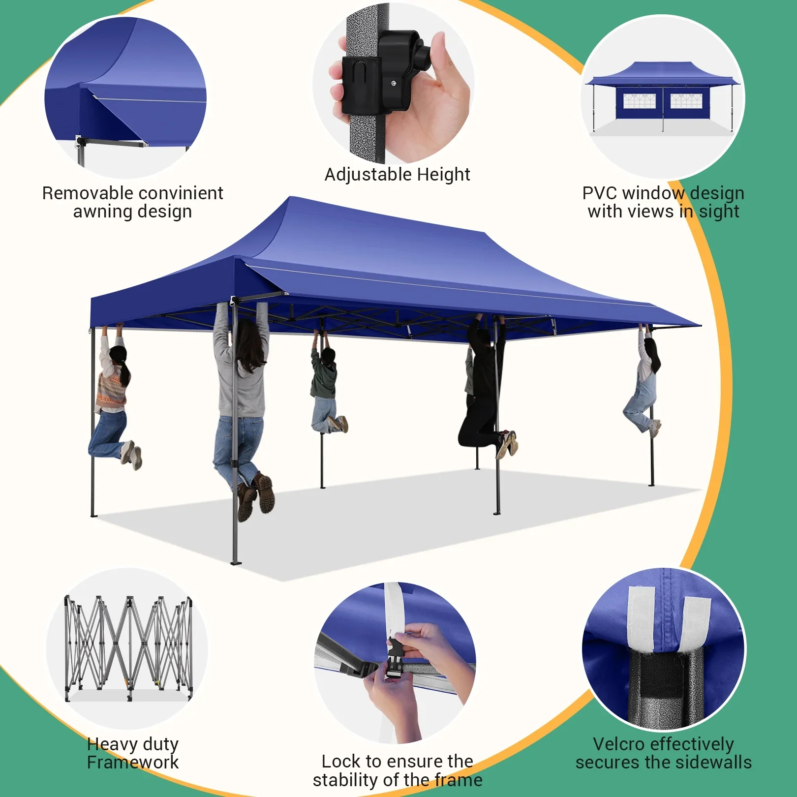 COBIZI 10x20 Pop Up Canopy Heavy Duty Party Tent with Removable Awning and Sidewalls,Easy Up Outdoor Wedding Canopy,Gazebo All Season Windproof&Waterproof with Roller Bag UPF 50+,Black