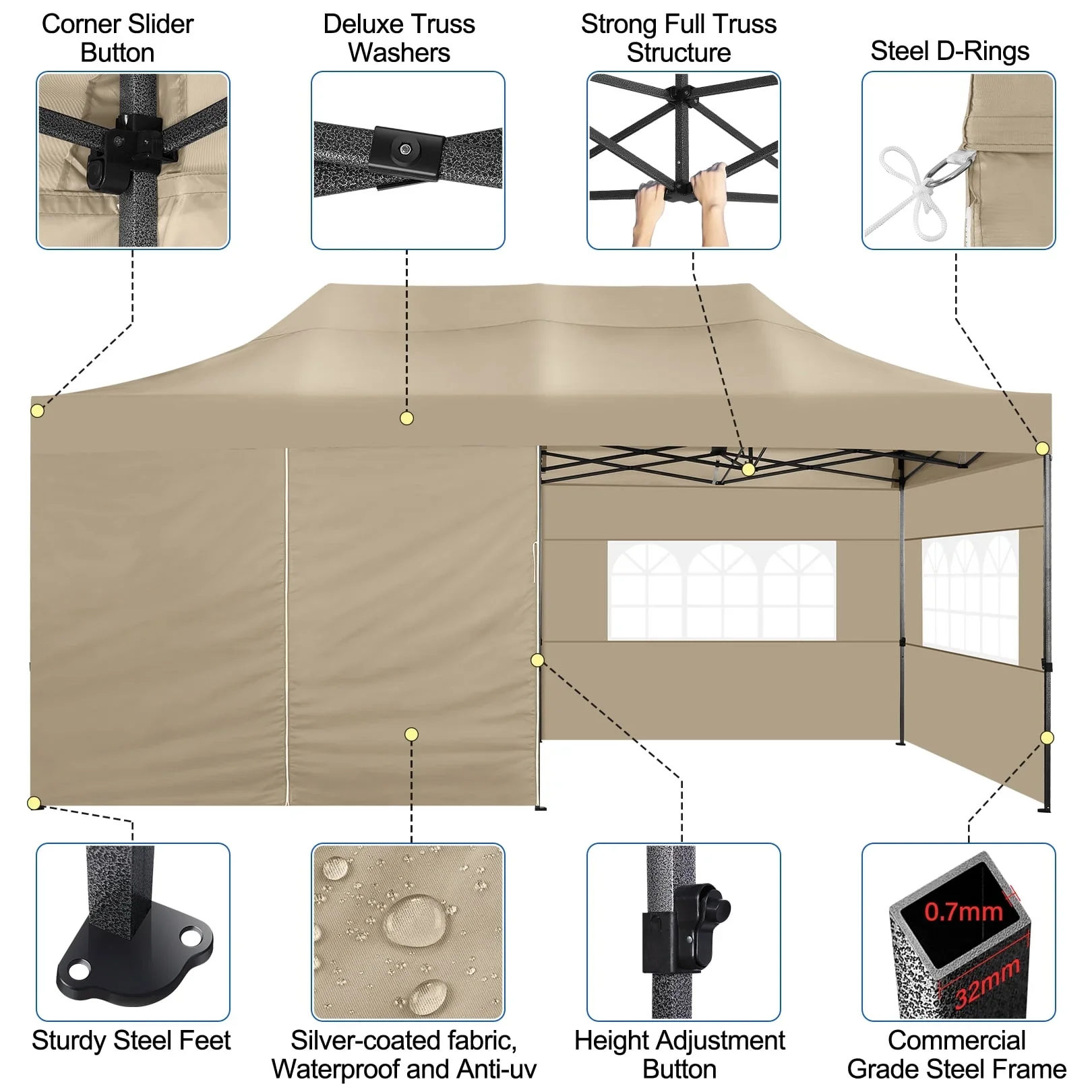 SANOPY 10'x20' Pop Up Canopy Waterproof Folding Tent Outdoor Easy Set-up Instant Tent Heavy Duty Commercial Wedding Party Shelter with 6 Removable Sidewalls, 4 Sandbags, Roller Bag, Black