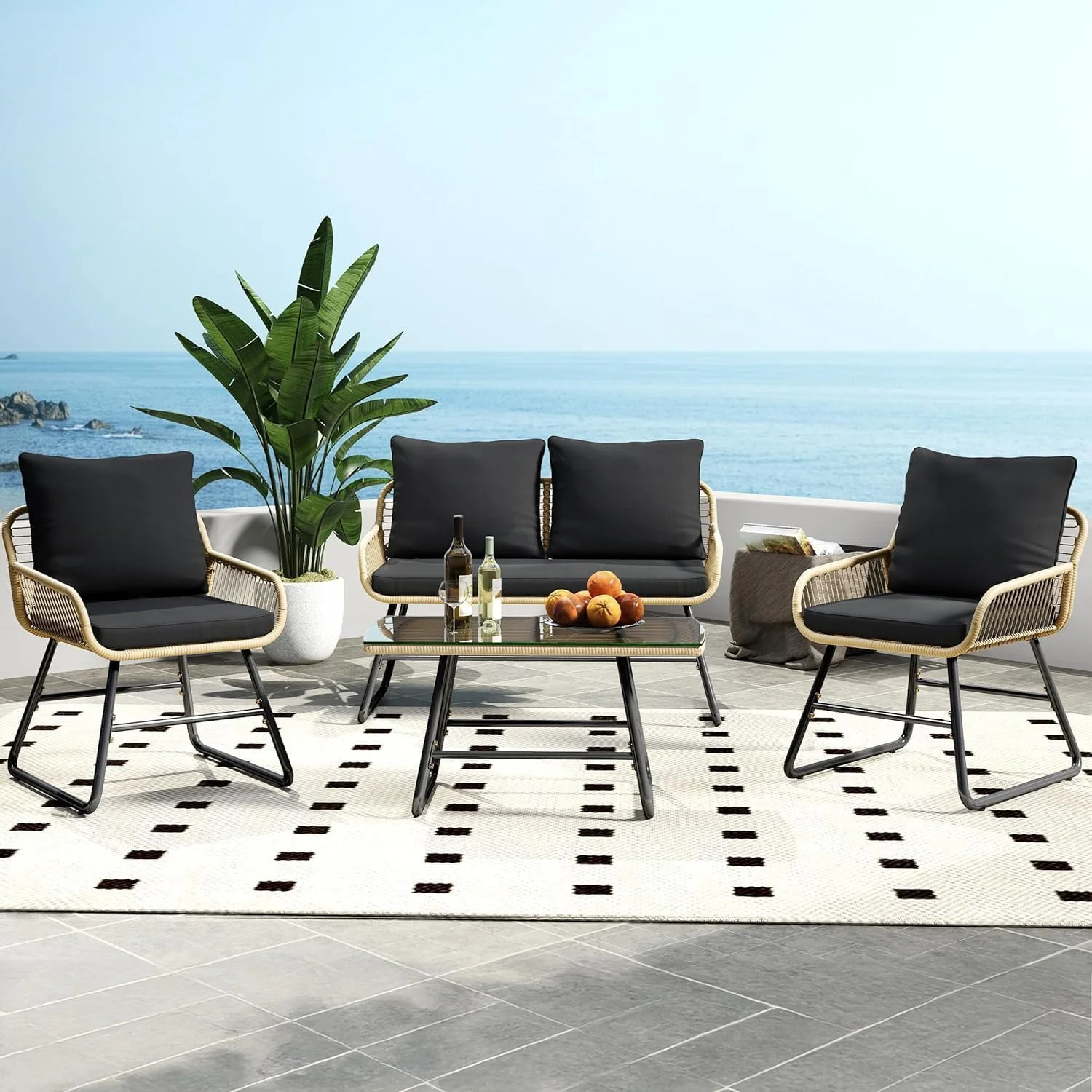 BeesClover 4 Piece Outdoor Bistro Set, Wicker Patio Furniture Set with Cushions, Tempered Glass Coffee Table, 2 Chairs and Loveseat for Garden, Backyard, Porch, Deck