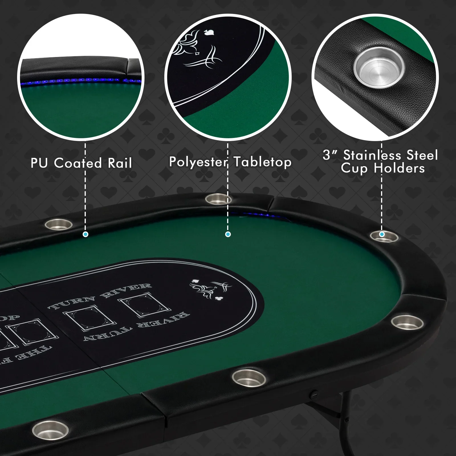 Costway Foldable, USB Ports, LED Lights 10 Player Poker Table, Blue/Black
