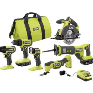 RYOBI ONE+ 18V Cordless 6 - Tool Combo Kit with 1.5 Ah Battery, 4.0 Ah Battery, and Charger