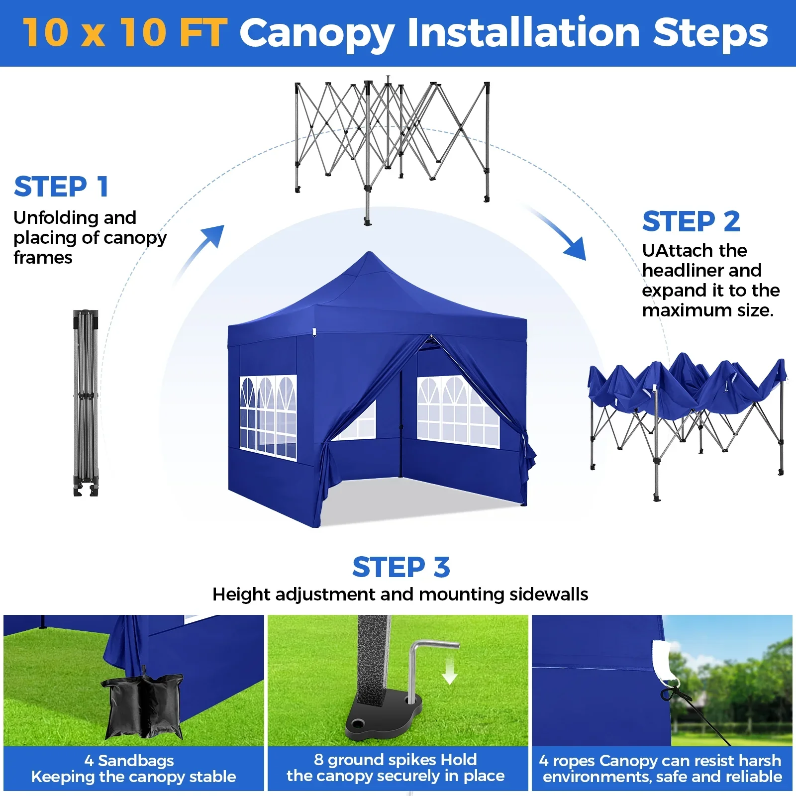 SANOPY 10'x20' Pop Up Canopy Waterproof Folding Tent Outdoor Easy Set-up Instant Tent Heavy Duty Commercial Wedding Party Shelter with 6 Removable Sidewalls, 4 Sandbags, Roller Bag, Black