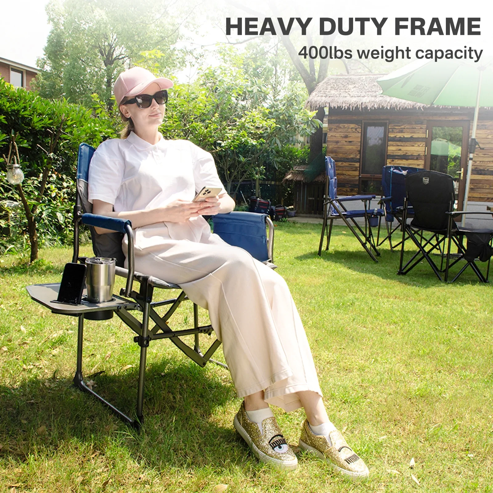 TIMBER RIDGE Portable Director Chair, Heavy Duty Camping Folding Chair with Compact Size with Side Pocket and Side Table, Support 400 lbs, Grey