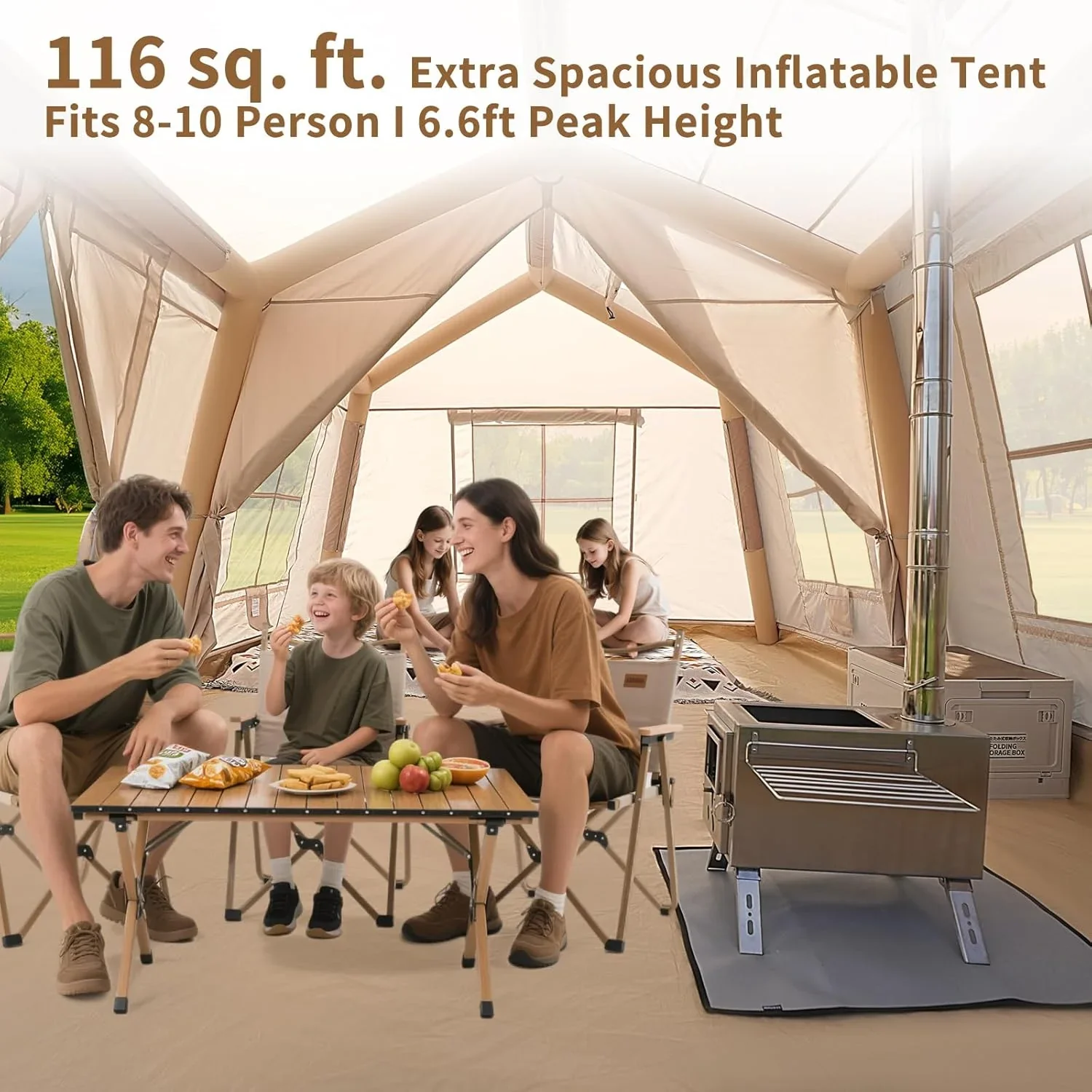 Zikebtuy 2/6/8 Person Inflatable Camping Tent, Easy Setup Blow Up Air Tent with Hand Pump, Waterproof 4-Season Glamping Tent with Large Mesh Windows & Oversized Canopy for Couples, Group & Family