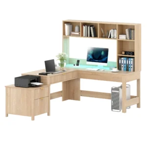 DEXTRUS 67“ L-Shaped Computer Desk with Hutch & LED Light & Charging Station, Home Office Desk Executive Desk with Drawers & File Cabinet, Brown