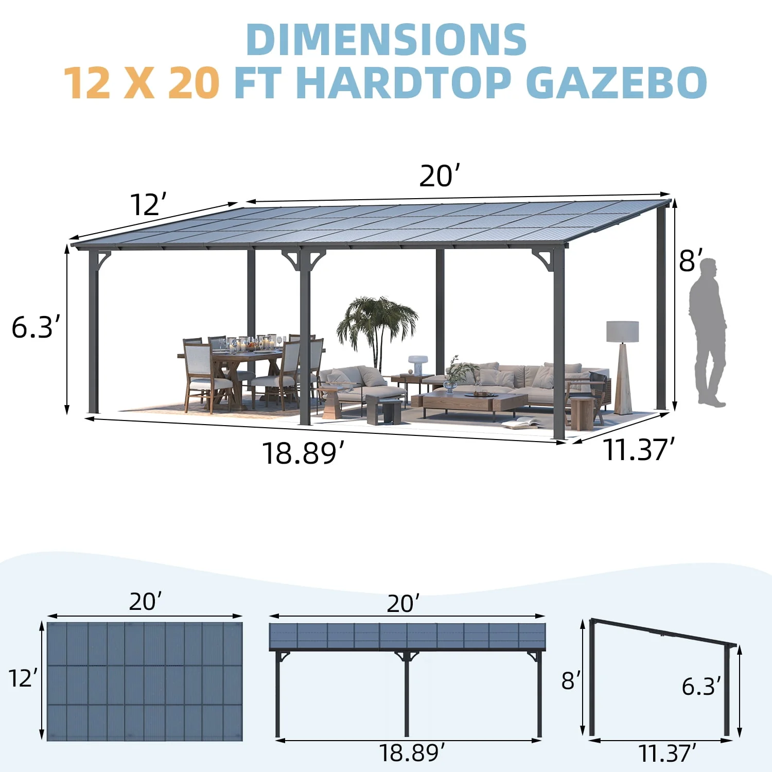 AECOJOY 20 x 12 Ft Wall-Mounted Hardtop Gazebo, Polycarbonate Roof & Metal Frame, Dark Grey