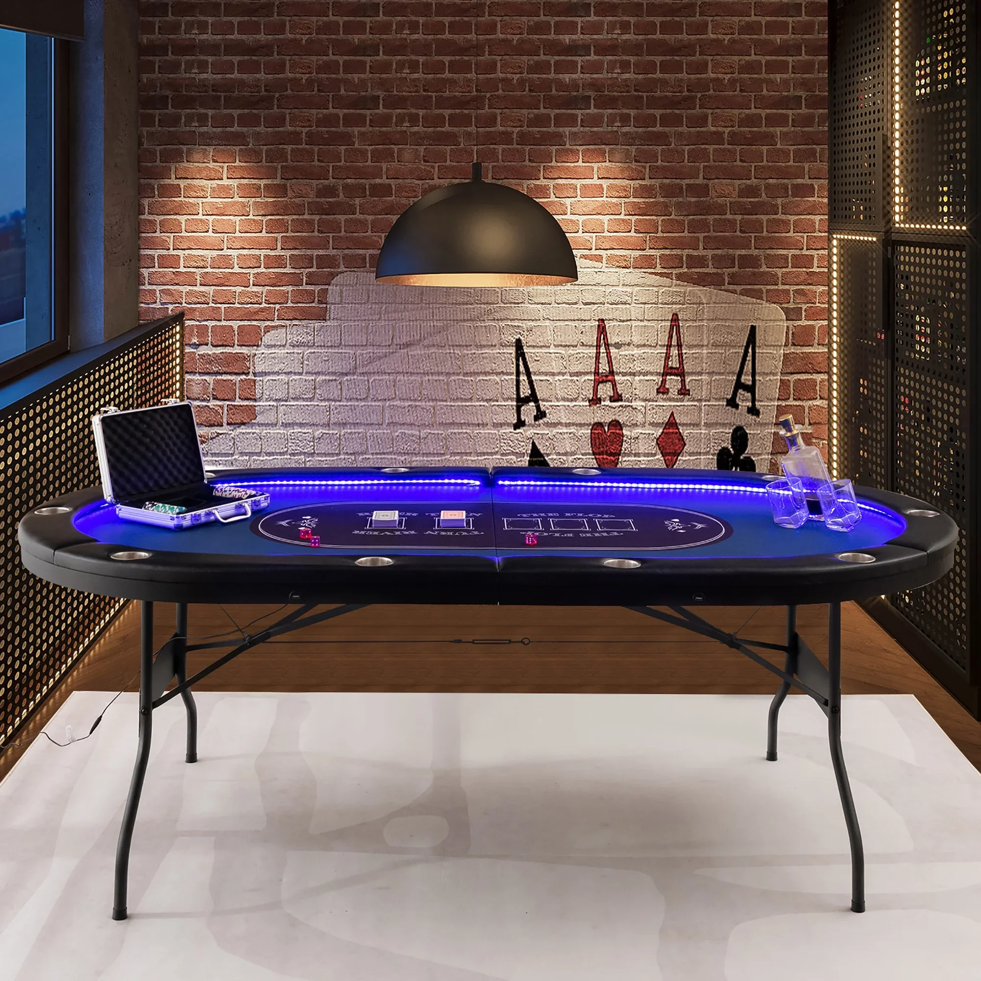 Costway Foldable, USB Ports, LED Lights 10 Player Poker Table, Blue/Black
