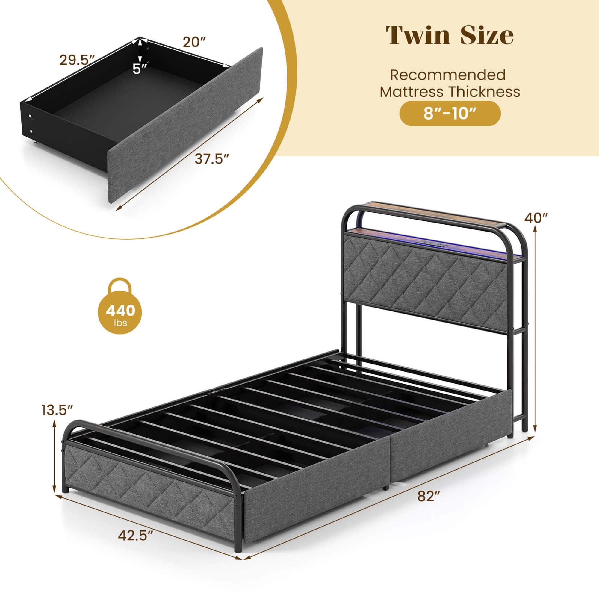 Costway Size Bed Frame with LED Lights & Charging Station Storage Headboard Black