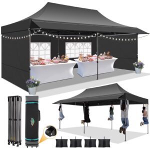 COBIZI 10x20 Pop Up Canopy Heavy Duty Party Tent with Removable Awning and Sidewalls,Easy Up Outdoor Wedding Canopy,Gazebo All Season Windproof&Waterproof with Roller Bag UPF 50+,Black