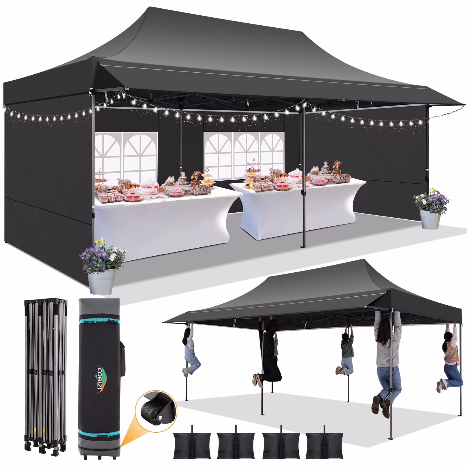COBIZI 10x20 Pop Up Canopy Heavy Duty Party Tent with Removable Awning and Sidewalls,Easy Up Outdoor Wedding Canopy,Gazebo All Season Windproof&Waterproof with Roller Bag UPF 50+,Black