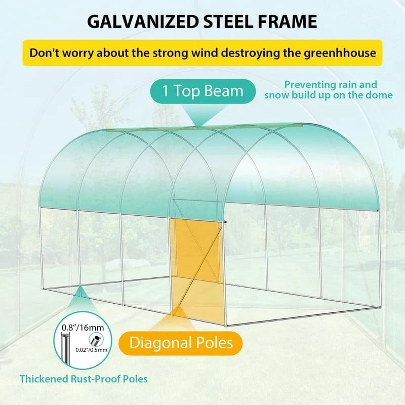 Walk-in Greenhouse with Dual Roll-Up Zipper Doors and 8 Windows, Heavy-Duty Galvanized Steel Frame, Green 140g/m² PE Cover for Outdoor Gardening and Plant Protection