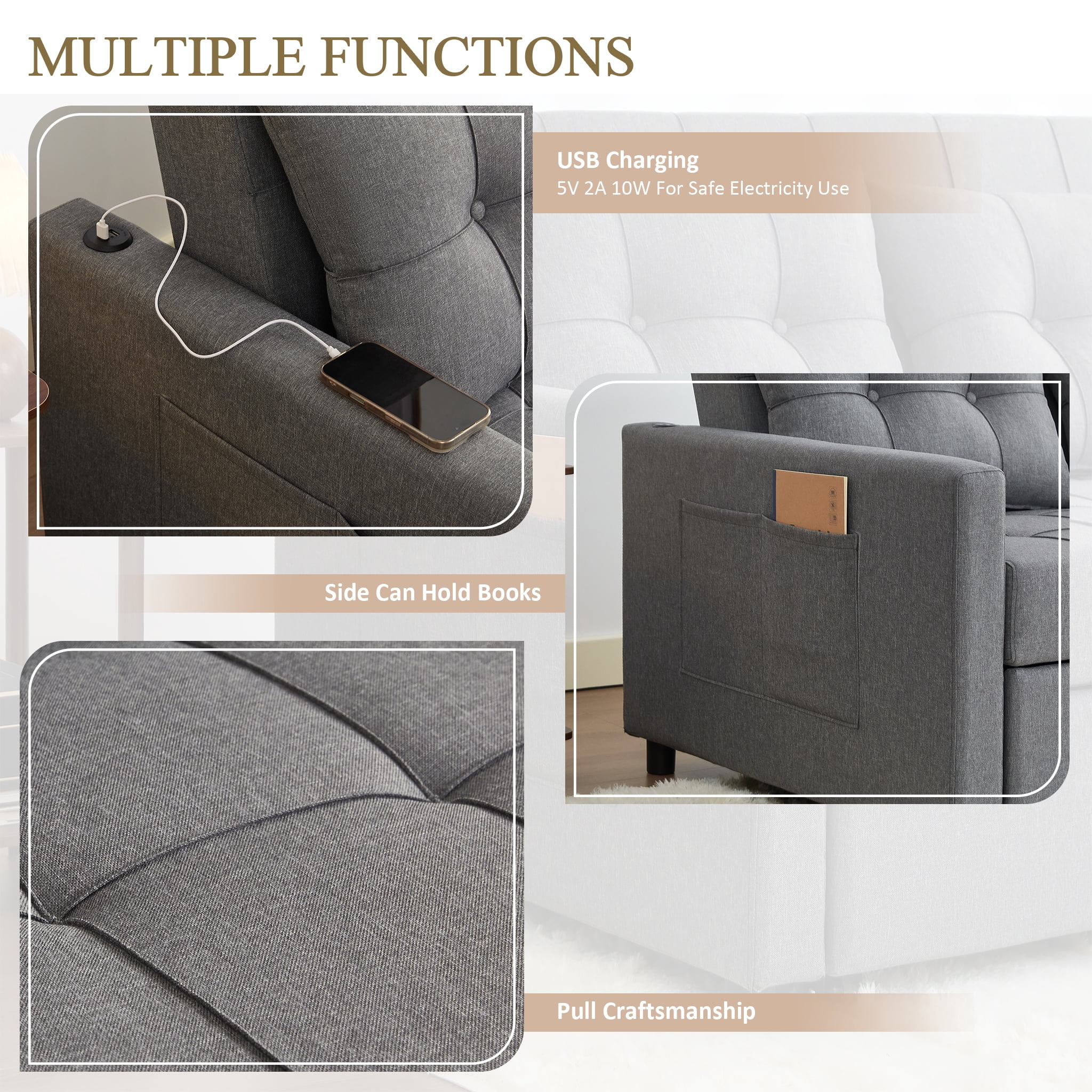 BIGSYY 52" Linen 3-in-1 Convertible Sleeper Sofa with Pull-Out Bed, Stepless Adjustable Backrest & Side Pocket - Light Grey