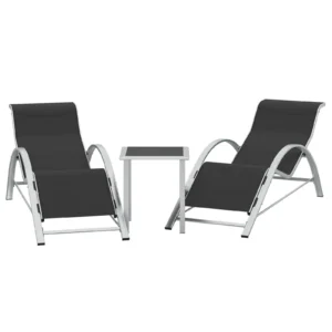 3-Piece Outdoor Chaise Lounge Chair Set – Reclining Patio Loungers with Aluminum Table & Armrests – Weather-Resistant, Modern Tanning Chairs for Poolside, Garden, Beach, Modern Black