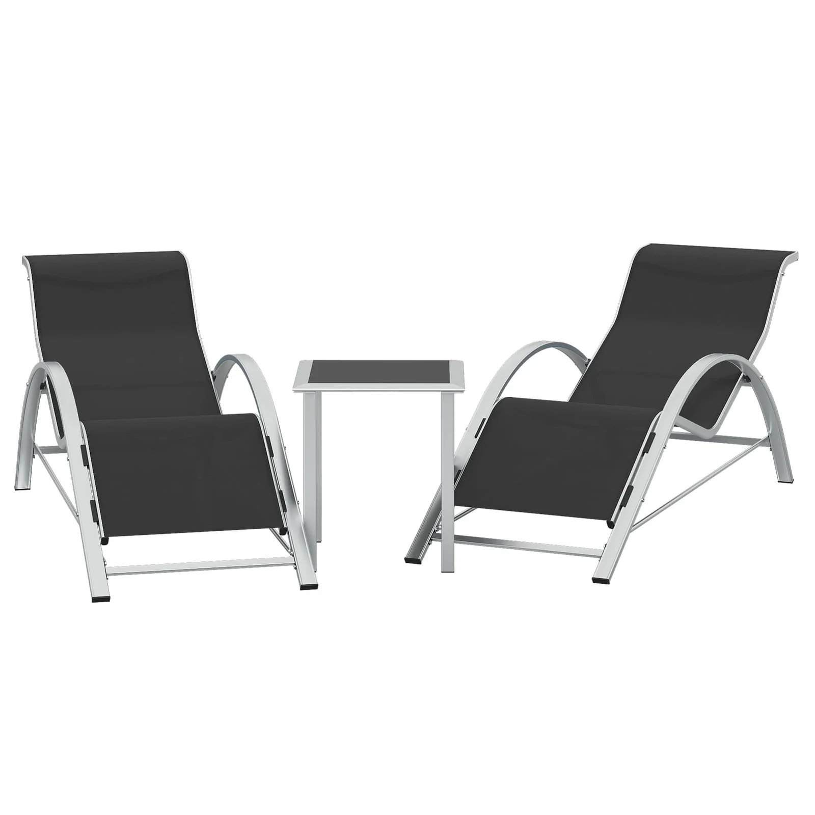 3-Piece Outdoor Chaise Lounge Chair Set – Reclining Patio Loungers with Aluminum Table & Armrests – Weather-Resistant, Modern Tanning Chairs for Poolside, Garden, Beach, Modern Black