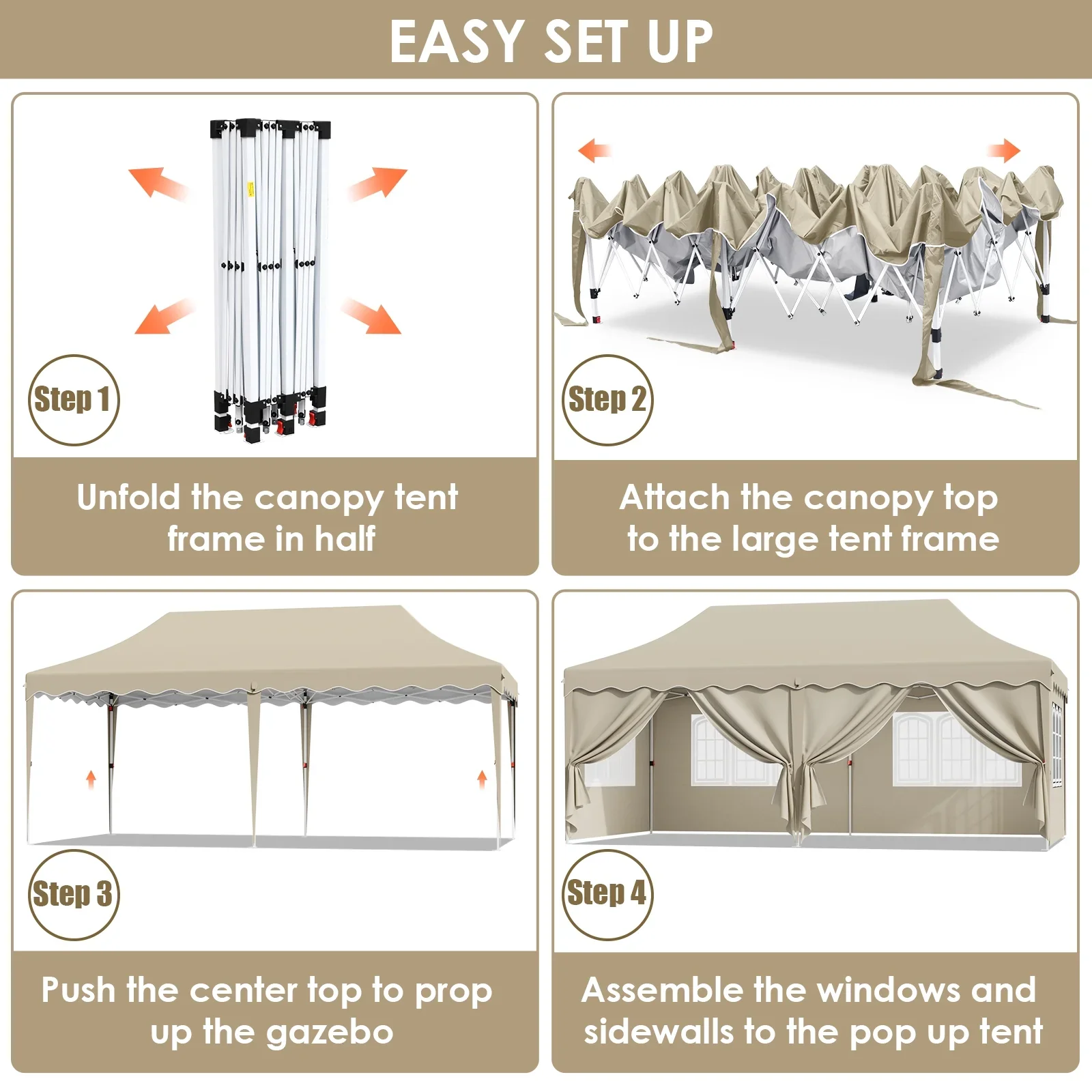 LAZY BUDDY 10'x20' Pop up Canopy Tent with 6 Sidewalls, Heavy Duty Outdoor Canopy Tent Commercial Instant Folding Sun Shelter for Party, Wedding, Camping