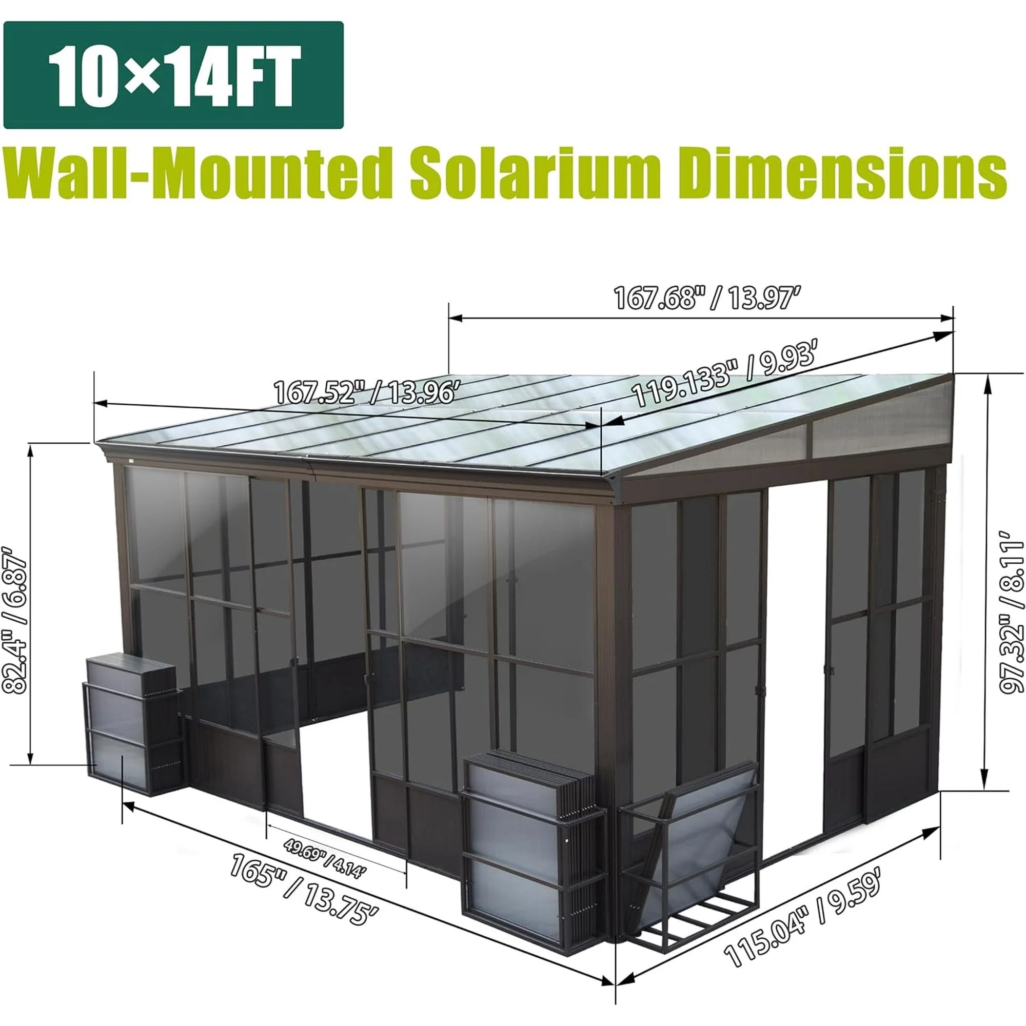 Domi 10x14FT All-Season Sunroom, Aluminum Lean-To Gazebo with Detachable Polycarbonate Windows, 2 Lockable Sliding Doors, for Patio/Garden Deck