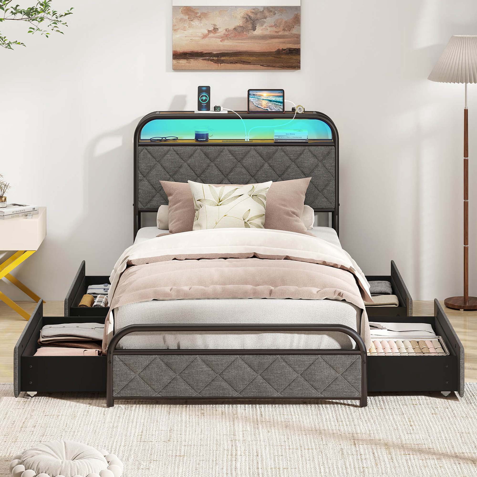 Costway Size Bed Frame with LED Lights & Charging Station Storage Headboard Black