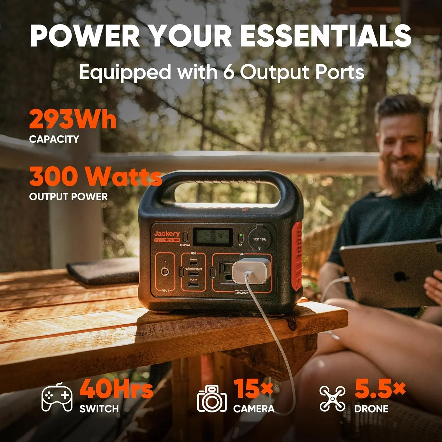 Jackery Portable Power Station Explorer 300 with 5m Extension Cord, 285Wh Backup Lithium Battery, Solar Generator for Outdoors Camping, Travel, Hunting, Blackout