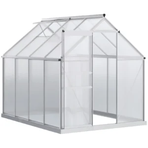 Outsunny 8' x 6' Aluminum Outdoor Greenhouse, Polycarbonate Walk-in Garden Greenhouse Kit with Adjustable Roof Vent, Rain Gutter and Sliding Door for Winter, Silver
