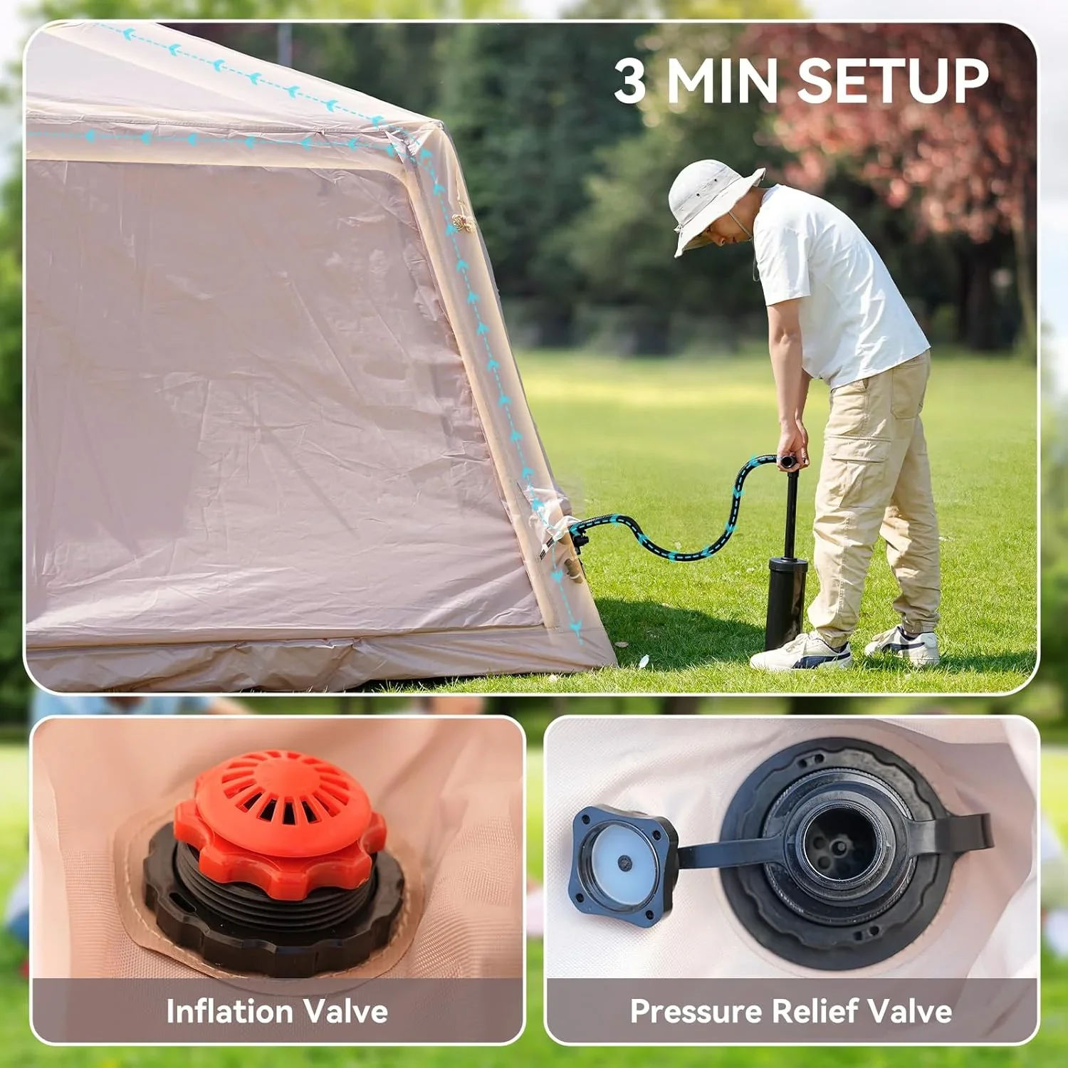 Zikebtuy 2/6/8 Person Inflatable Camping Tent, Easy Setup Blow Up Air Tent with Hand Pump, Waterproof 4-Season Glamping Tent with Large Mesh Windows & Oversized Canopy for Couples, Group & Family