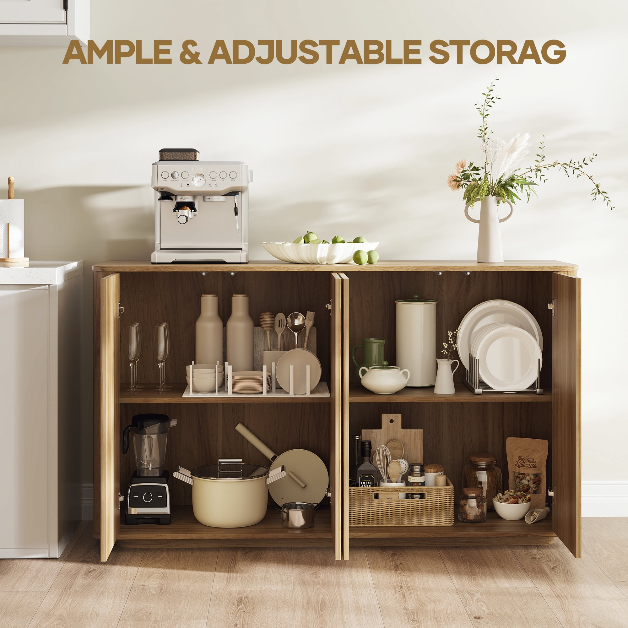 MARNUR Sideboard Buffet Cabinet, Storage Cabinet 55"W with Adjustable Shelves, Anti-Tip, Easy Clean Top, Stylish Wave Style, Oak