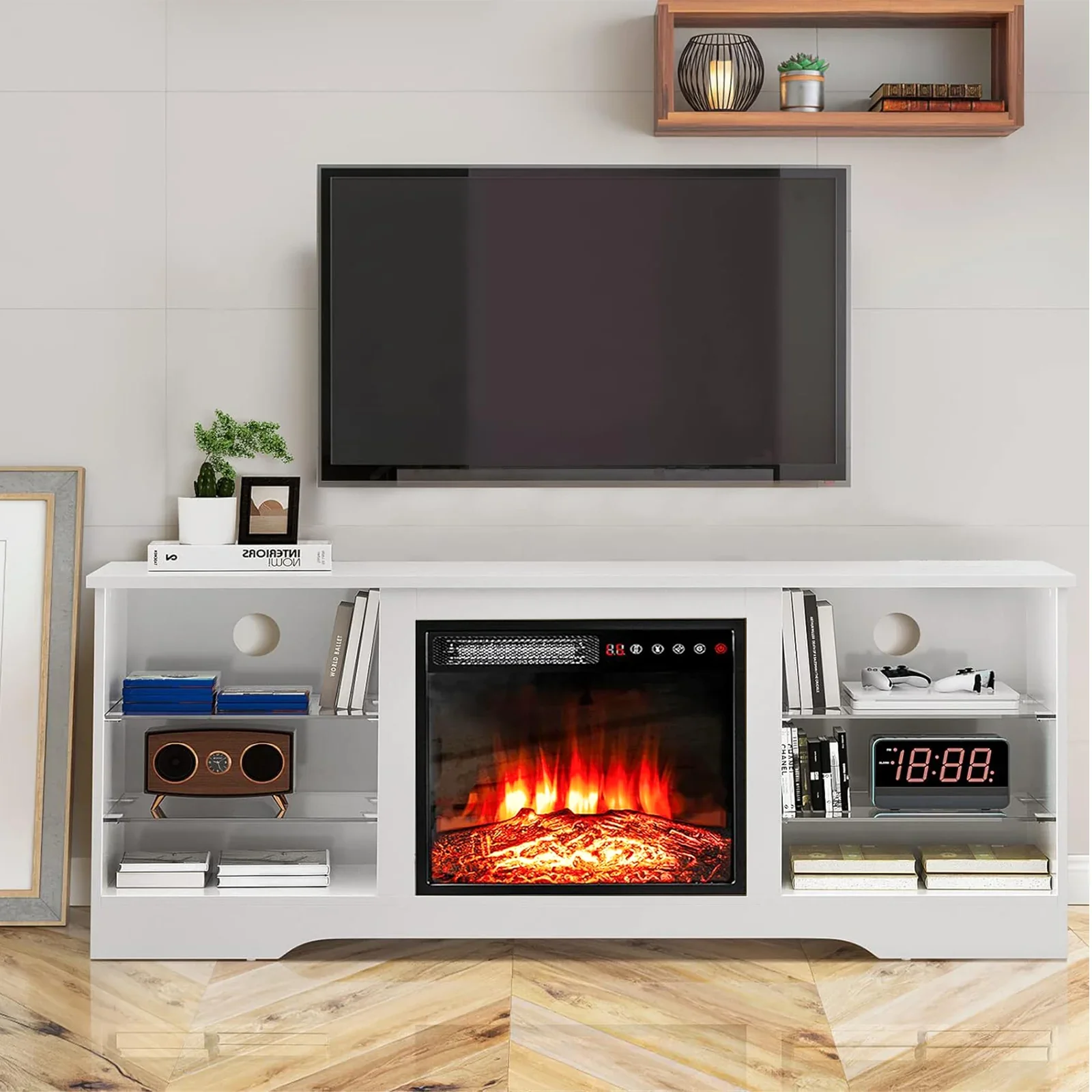 Waleaf Fireplace TV Stand with 18'' Fireplace for TVs up to 65 inch, Two Adjustable Glass Shelves
