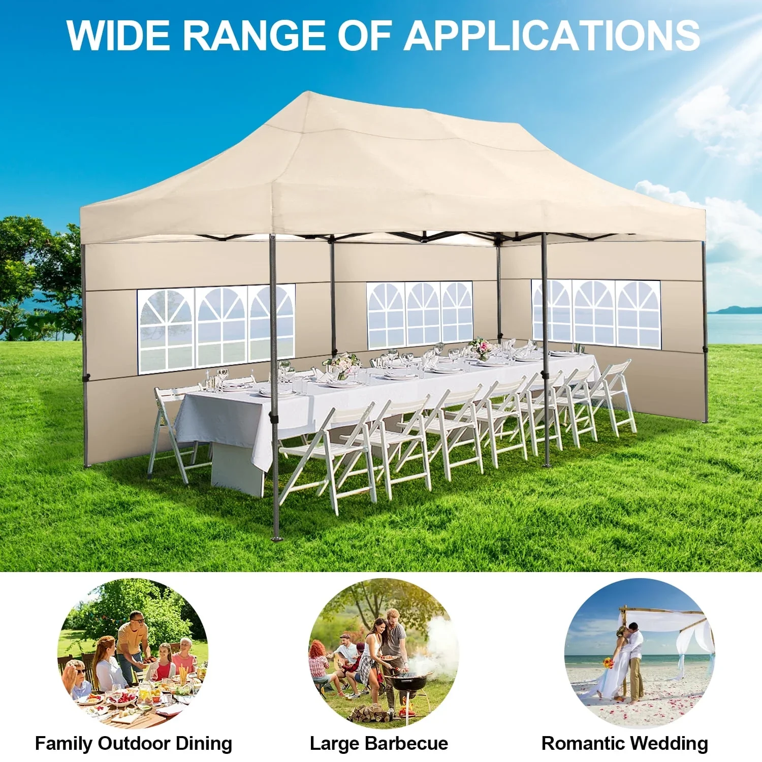 10'x20' Pop Up Canopy Waterproof Folding Tent Outdoor Easy Set-up Instant Tent Heavy Duty Commercial Wedding Party Shelter with 6 Removable Sidewalls, 4 Sandbags, Roller Bag, Khaki