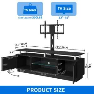 DEXTRUS 70" TV Stand with Adjustable Glass Shelf and Mount for TVs Up to 75", LED Entertainment Center with Power Outlet, Storage, Black