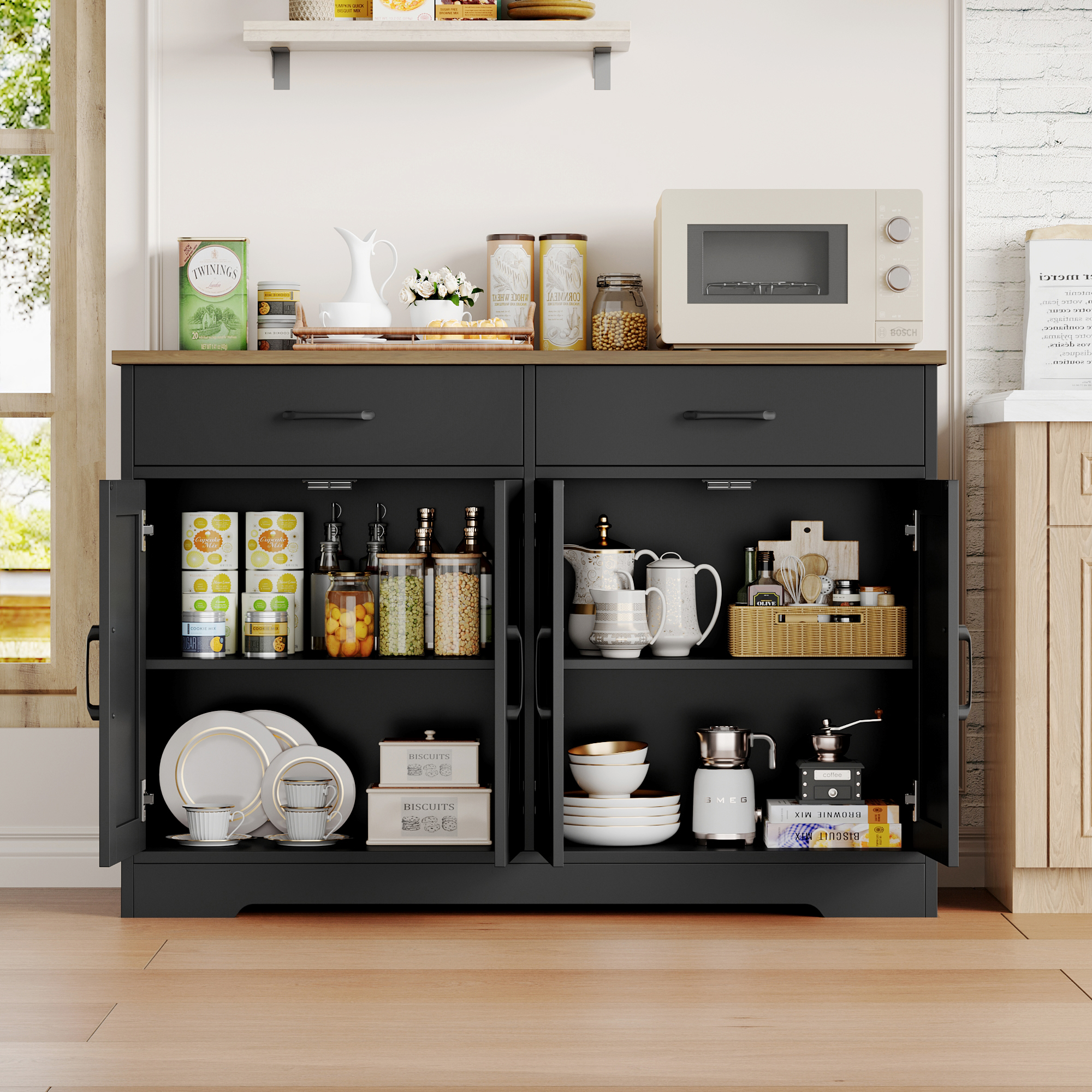 Hiphuta 47"Farmhouse Sideboard Storage Cabinets with 4 Doors & 2 Drawers, Coffee Bar with Brown Top for Living Room