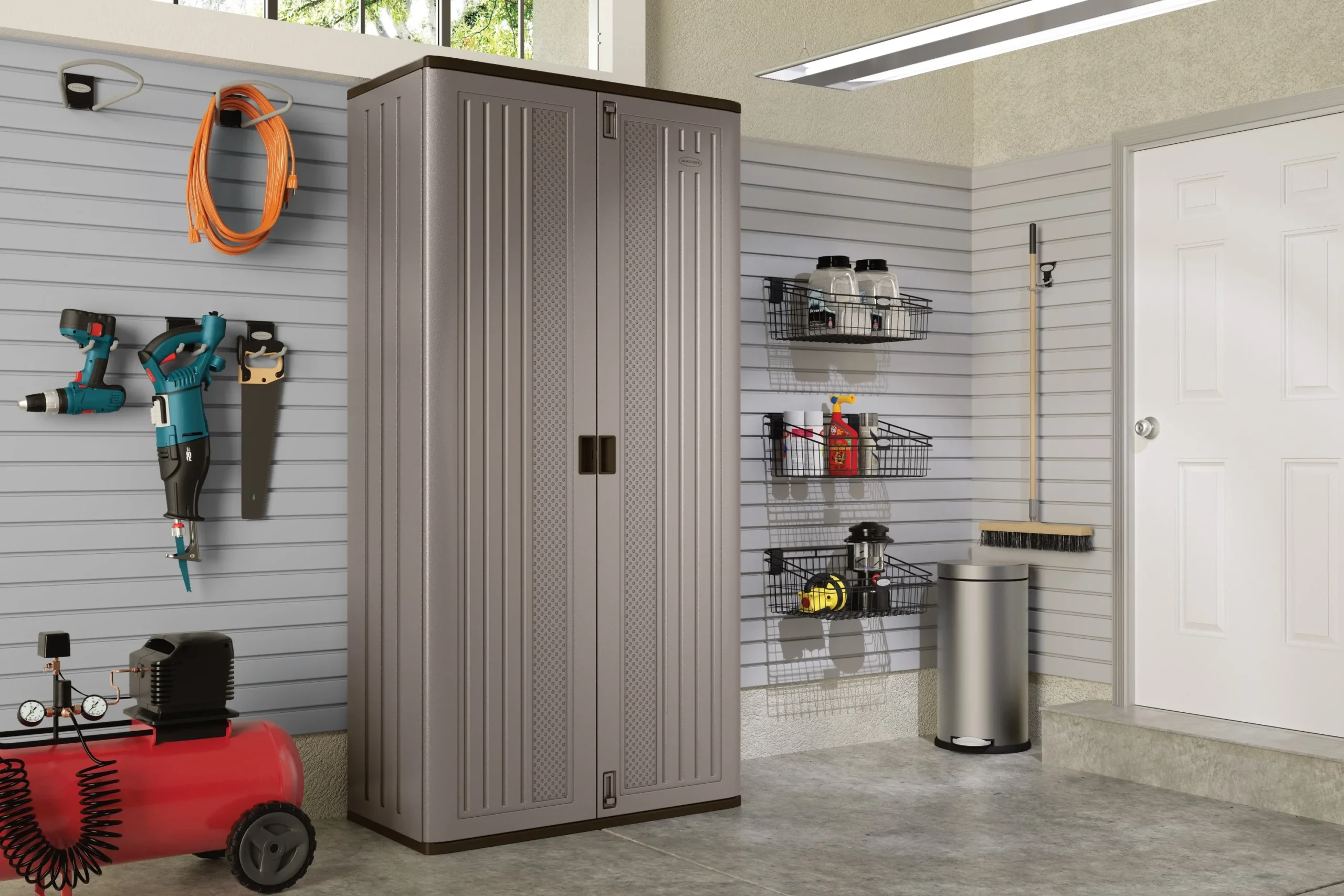 Suncast Mega Tall Resin Outdoor Storage Cabinet with 3 Shelves, Platinum Metallic