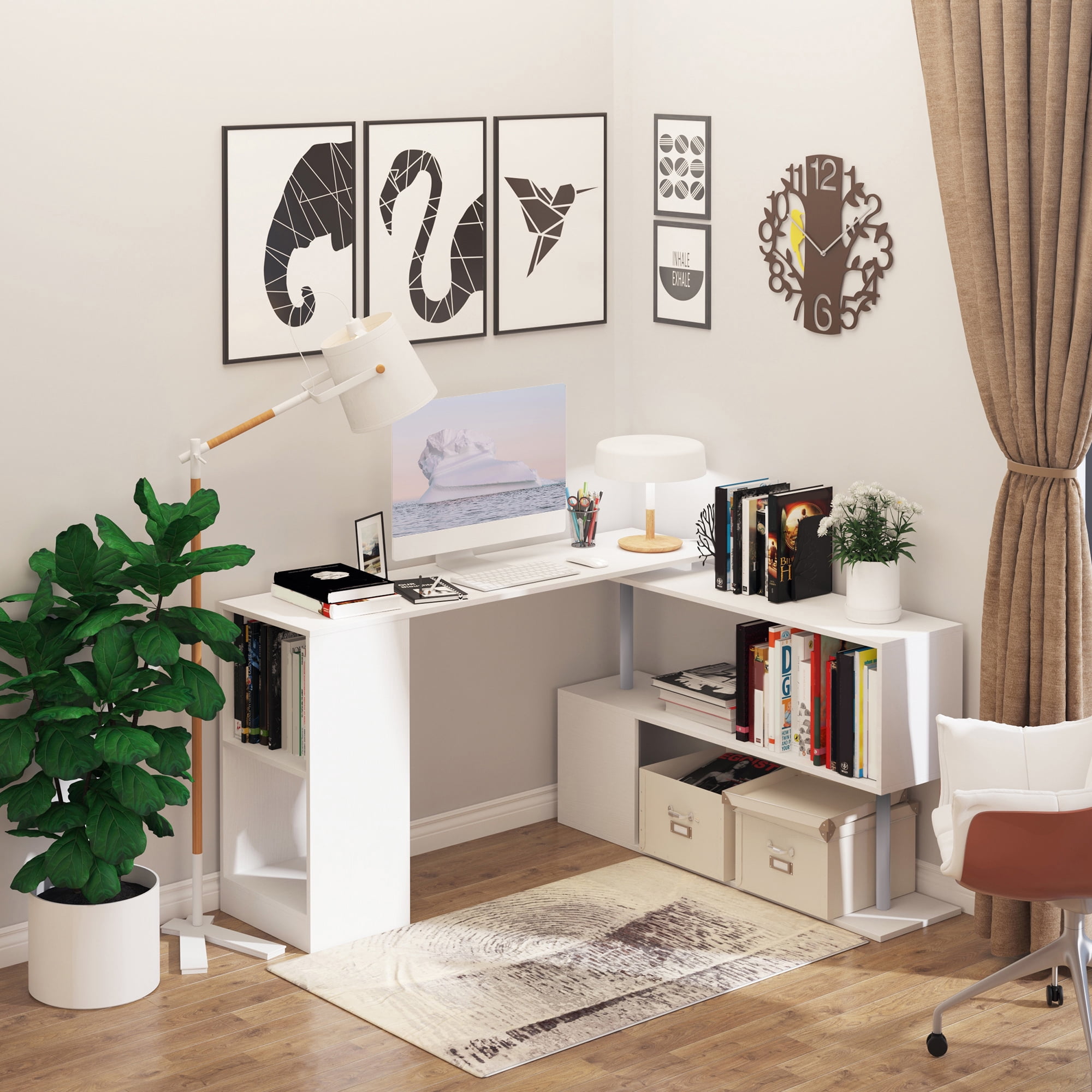 HOMCOM 55" L-Shaped Desk 360° Rotating Corner Computer Desk for Home Office