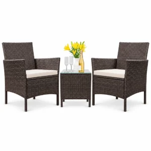 Homall 3 Pieces Outdoor Patio Furniture PE Rattan Wicker Table and Chairs Set Bar Set with Cushioned Tempered Glass, Brown/Beige, 2
