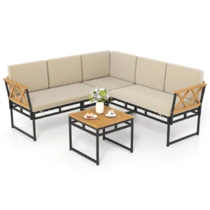 Costway 4 Piece Outdoor Sectional Sofa Set L-Shaped Metal Conversation Set with Cushions