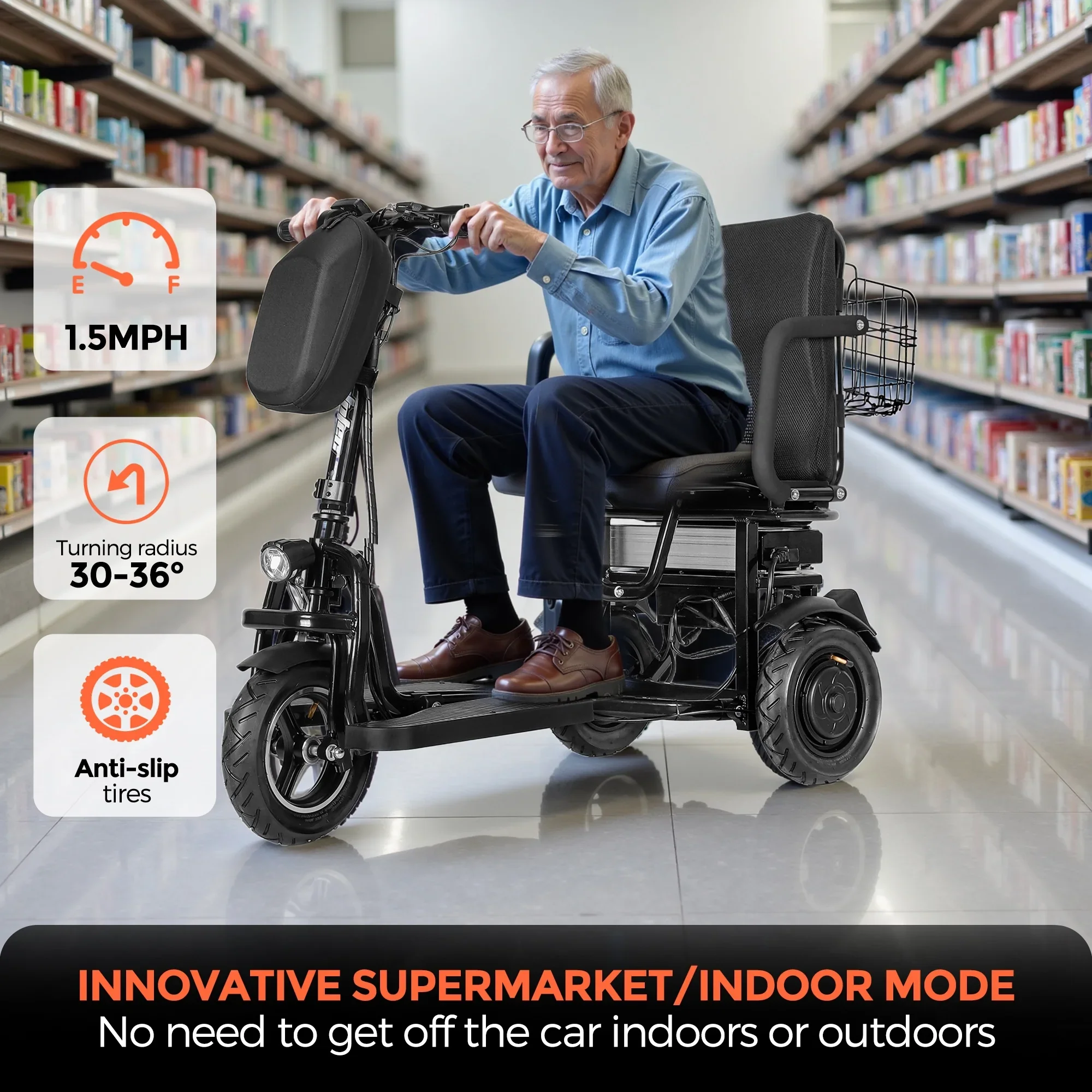 BAMACAR 3-Wheel Folding Mobility Scooter Lightweight for Seniors & Adults 300 lbs, Portable Powered Handicap All Terrain Travel Scooter, Mobility Scooters Foldable Collapsible Electric Scooters Black