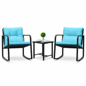 Homall 3 Pieces Outdoor Rocking Chair Furniture Sets Modern Patio Furniture Set Rocking Wicker Bistro Sets Cushioned PE Rattan Chairs Conversation Sets with Glass Coffee Table,Blue