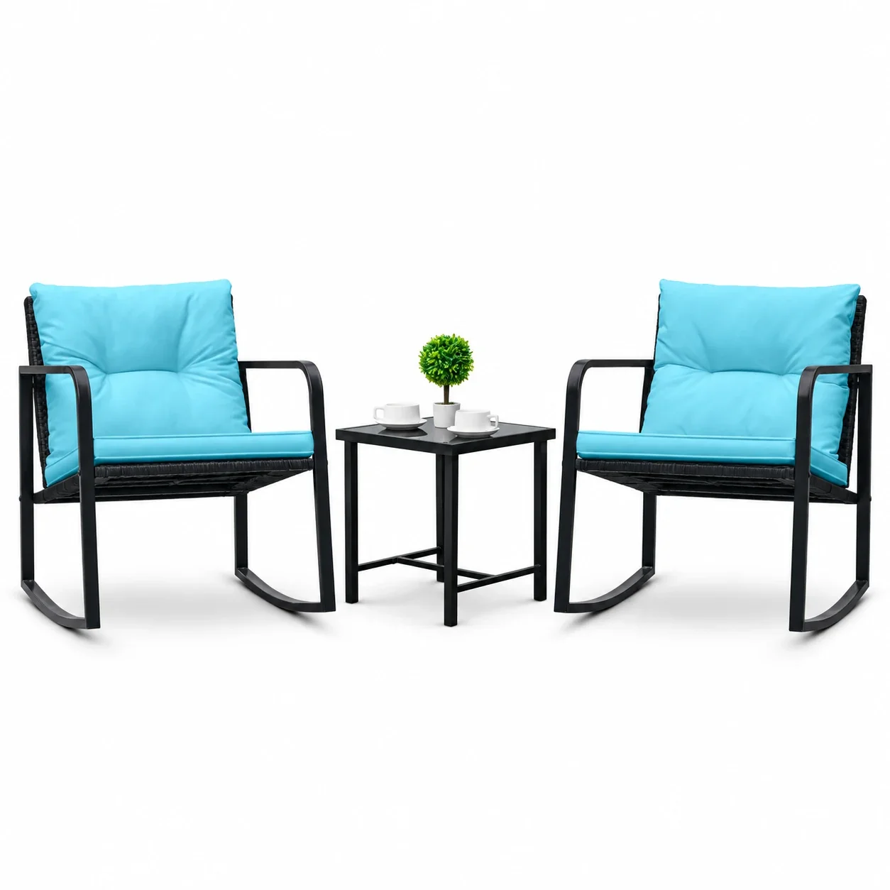 Homall 3 Pieces Outdoor Rocking Chair Furniture Sets Modern Patio Furniture Set Rocking Wicker Bistro Sets Cushioned PE Rattan Chairs Conversation Sets with Glass Coffee Table,Blue