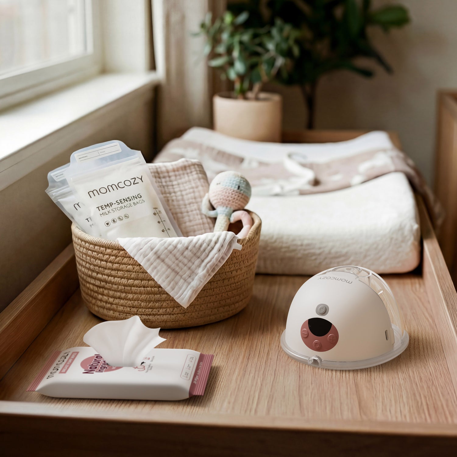 Momcozy Smart Breast Pump + Milk Storage Bags + Breast Pump Wipes