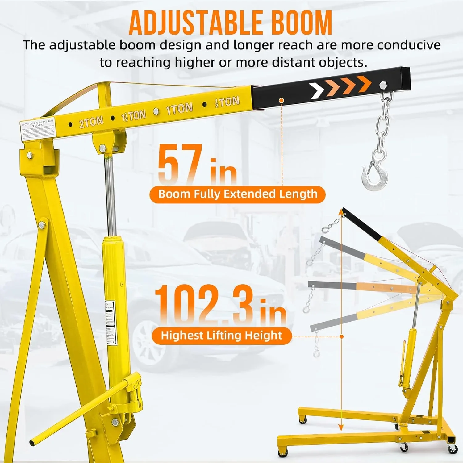 GARVEE 2 Ton Folding Hydraulic Engine Hoist with Lever,Folding Engine Shop Crane Hoist Lift,Heavy Cherry Picker with 6 Wheels for Garage,Workshop,Yellow