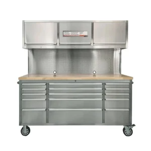 TMG Industrial Stainless Steel Rolling Workbench Cabinet Combo, 72", 15 Lockable Drawers, Wall-Mounted Cabinets, Pegboard, Adjustable Shelving, TMG-WBC72S