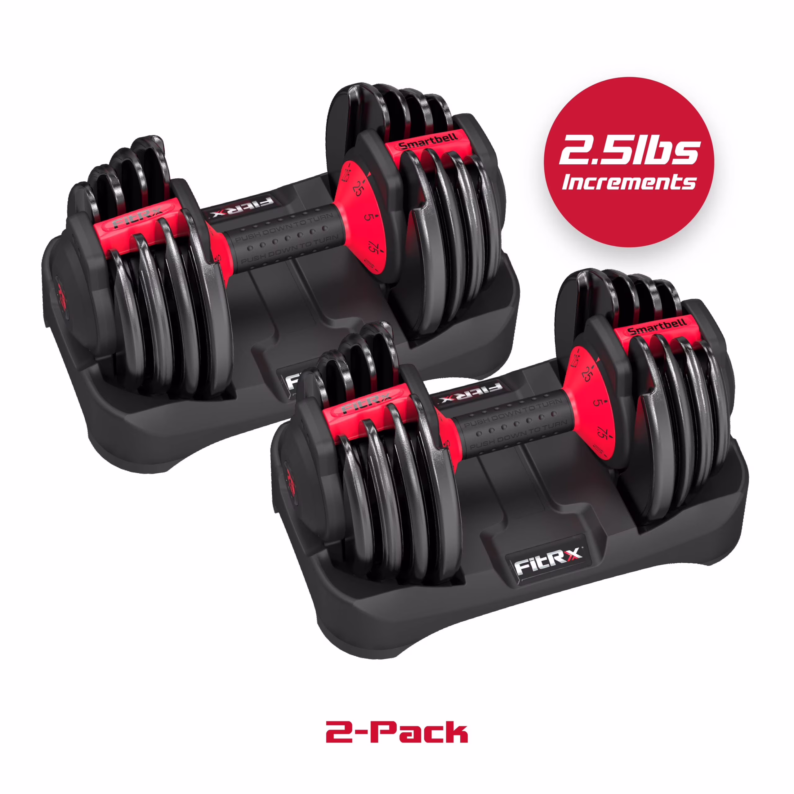 FitRx Adjustable Dumbbells 2-Pack, 25lb SmartBell Dumbbell Set with 9-in-1 Quick-Select Weights, 2.5lb Increments for Home Gym