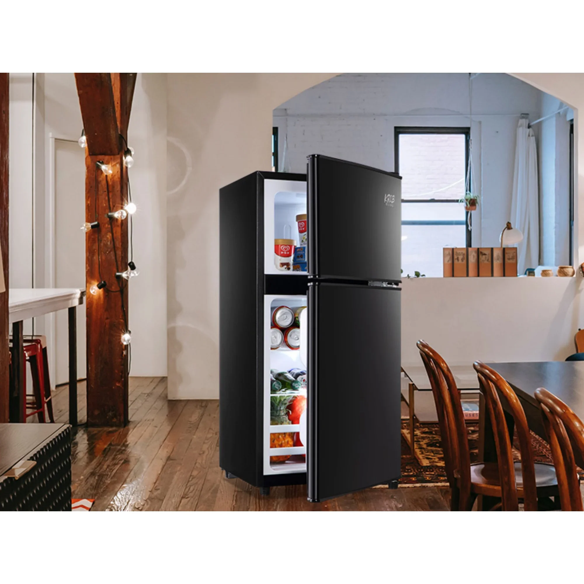 3.5 Cu.Ft Compact Mini Fridge with Freezer, 2-Door Small Refrigerator with 7-Level Thermostat & Removable Shelves for Kitchen, Dorm, Apartment, Bar, Office-Black-